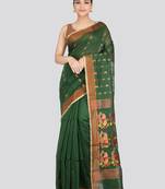 PinkLoom Women's  Green Hand_Woven Cotton-Silk-Sarees With Unstitched Blouse Piece