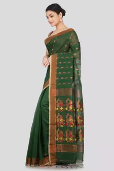 PinkLoom Women's  Green Hand_Woven Cotton-Silk-Sarees With Unstitched Blouse Piece