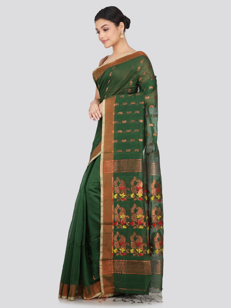 PinkLoom Women's  Green Hand_Woven Cotton-Silk-Sarees With Unstitched Blouse Piece