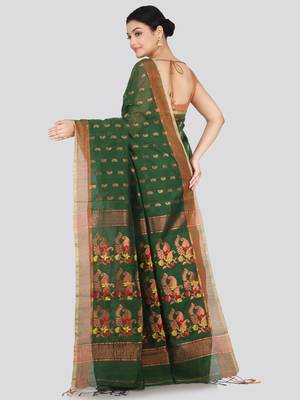 PinkLoom Women's  Green Hand_Woven Cotton-Silk-Sarees With Unstitched Blouse Piece 3