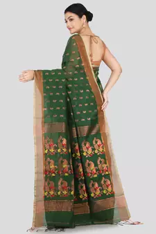 PinkLoom Women's  Green Hand_Woven Cotton-Silk-Sarees With Unstitched Blouse Piece
