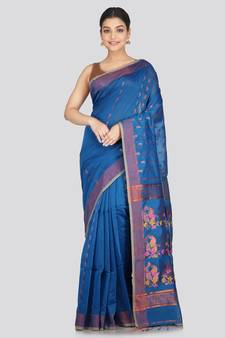 PinkLoom Women's  Blue Hand_Woven Cotton-Silk-Sarees With Unstitched Blouse Piece