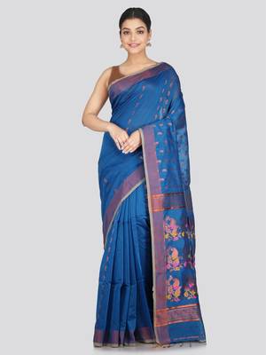 PinkLoom Women's  Blue Hand_Woven Cotton-Silk-Sarees With Unstitched Blouse Piece 1
