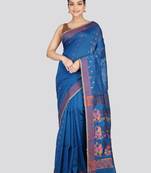 PinkLoom Women's  Blue Hand_Woven Cotton-Silk-Sarees With Unstitched Blouse Piece