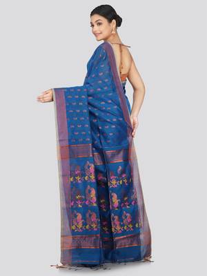 PinkLoom Women's  Blue Hand_Woven Cotton-Silk-Sarees With Unstitched Blouse Piece 2