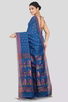 PinkLoom Women's  Blue Hand_Woven Cotton-Silk-Sarees With Unstitched Blouse Piece