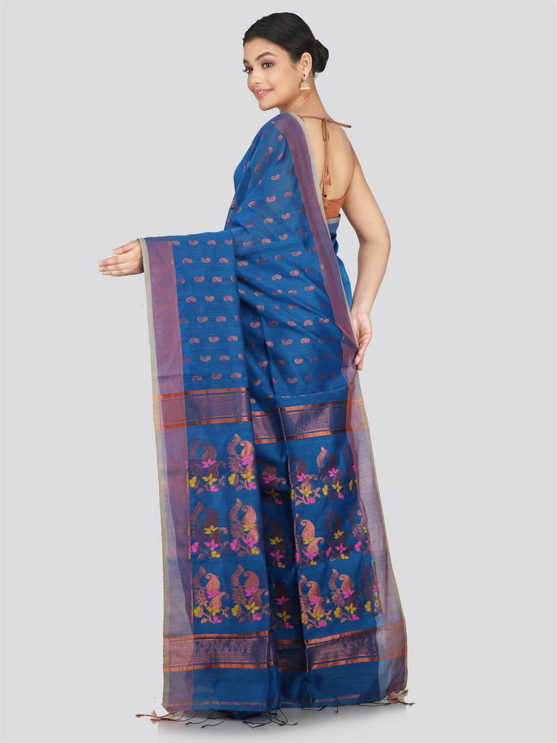 PinkLoom Women's  Blue Hand_Woven Cotton-Silk-Sarees With Unstitched Blouse Piece