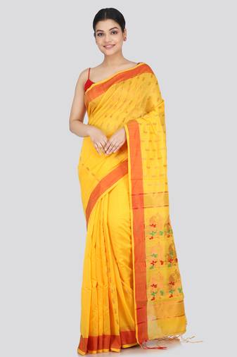 PinkLoom Women's  Yellow Hand_Woven Cotton-Silk-Sarees With Unstitched Blouse Piece