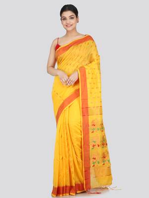 PinkLoom Women's  Yellow Hand_Woven Cotton-Silk-Sarees With Unstitched Blouse Piece 1