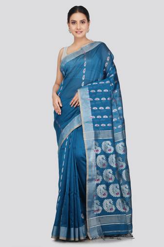 PinkLoom Women's  Blue Hand_Woven Cotton-Silk-Sarees With Unstitched Blouse Piece