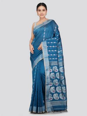 PinkLoom Women's  Blue Hand_Woven Cotton-Silk-Sarees With Unstitched Blouse Piece 1