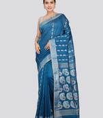 PinkLoom Women's  Blue Hand_Woven Cotton-Silk-Sarees With Unstitched Blouse Piece