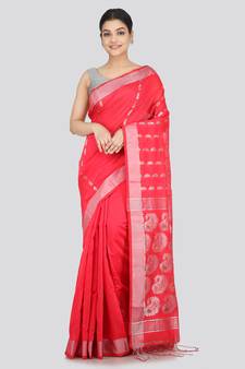 PinkLoom Women's  Pink Hand_Woven Cotton-Silk-Sarees With Unstitched Blouse Piece