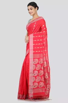 PinkLoom Women's  Pink Hand_Woven Cotton-Silk-Sarees With Unstitched Blouse Piece