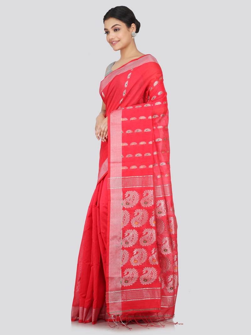 PinkLoom Women's  Pink Hand_Woven Cotton-Silk-Sarees With Unstitched Blouse Piece