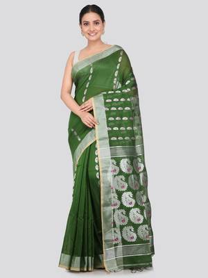 PinkLoom Women's  Green Hand_Woven Cotton-Silk-Sarees With Unstitched Blouse Piece 1