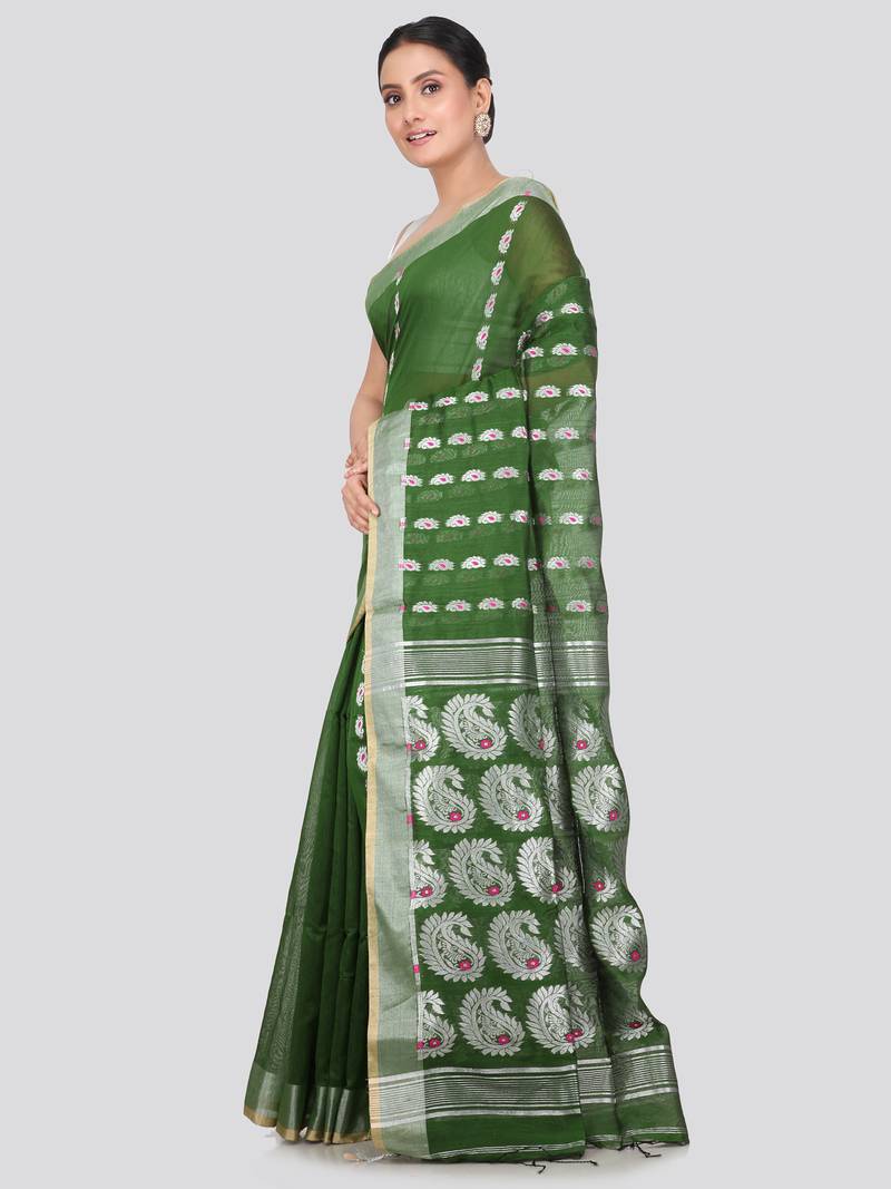 PinkLoom Women's  Green Hand_Woven Cotton-Silk-Sarees With Unstitched Blouse Piece