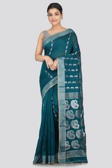 PinkLoom Women's  Teal Hand_Woven Cotton-Silk-Sarees With Unstitched Blouse Piece