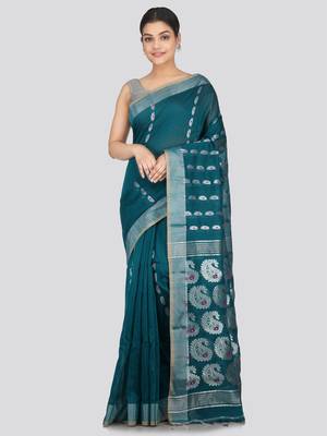 PinkLoom Women's  Teal Hand_Woven Cotton-Silk-Sarees With Unstitched Blouse Piece 1