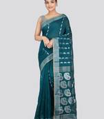 PinkLoom Women's  Teal Hand_Woven Cotton-Silk-Sarees With Unstitched Blouse Piece