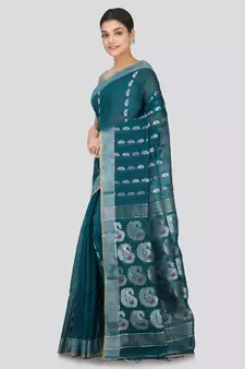 PinkLoom Women's  Teal Hand_Woven Cotton-Silk-Sarees With Unstitched Blouse Piece