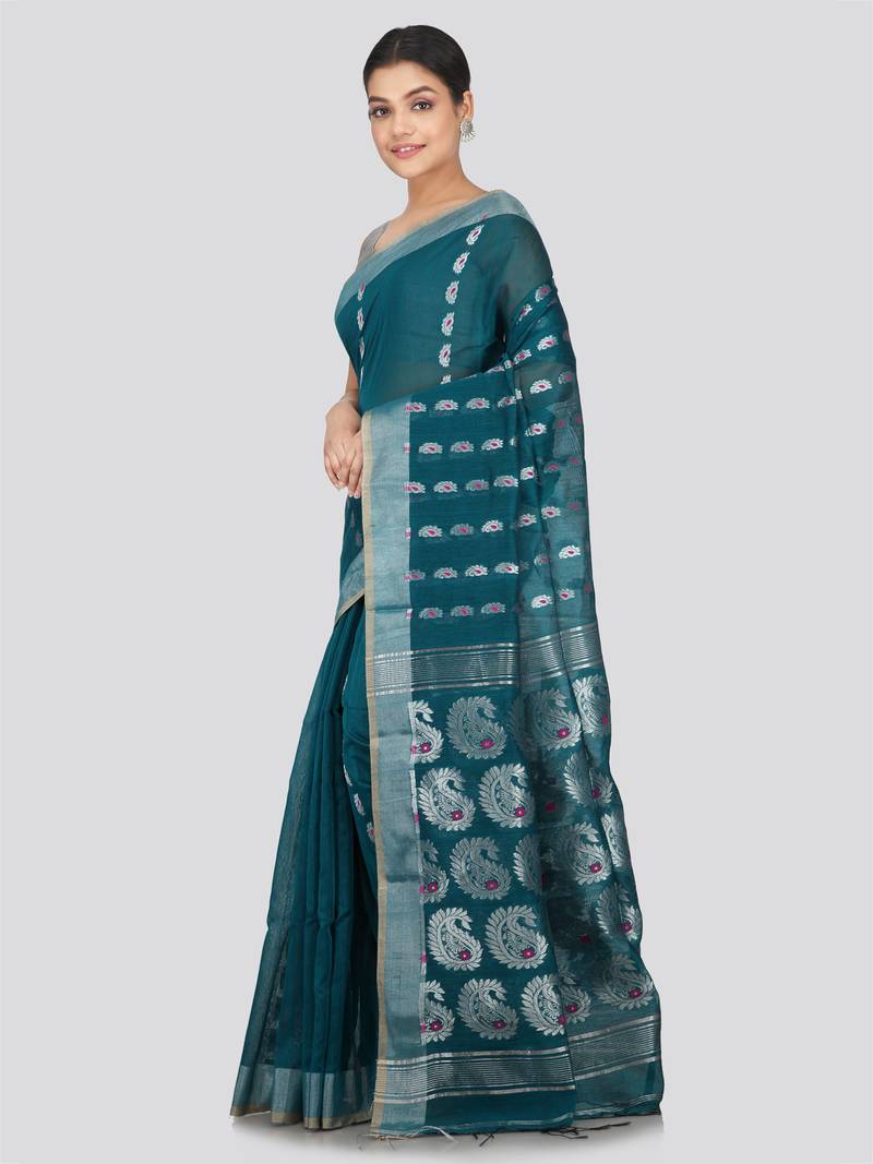 PinkLoom Women's  Teal Hand_Woven Cotton-Silk-Sarees With Unstitched Blouse Piece