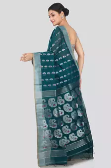 PinkLoom Women's  Teal Hand_Woven Cotton-Silk-Sarees With Unstitched Blouse Piece