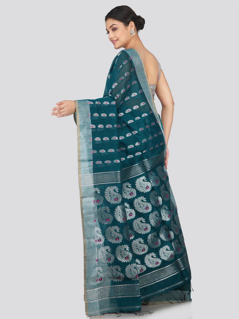 PinkLoom Women's  Teal Hand_Woven Cotton-Silk-Sarees With Unstitched Blouse Piece