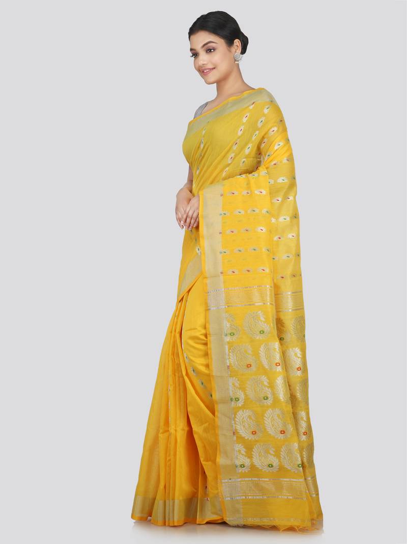 PinkLoom Women's  Yellow Hand_Woven Cotton-Silk-Sarees With Unstitched Blouse Piece