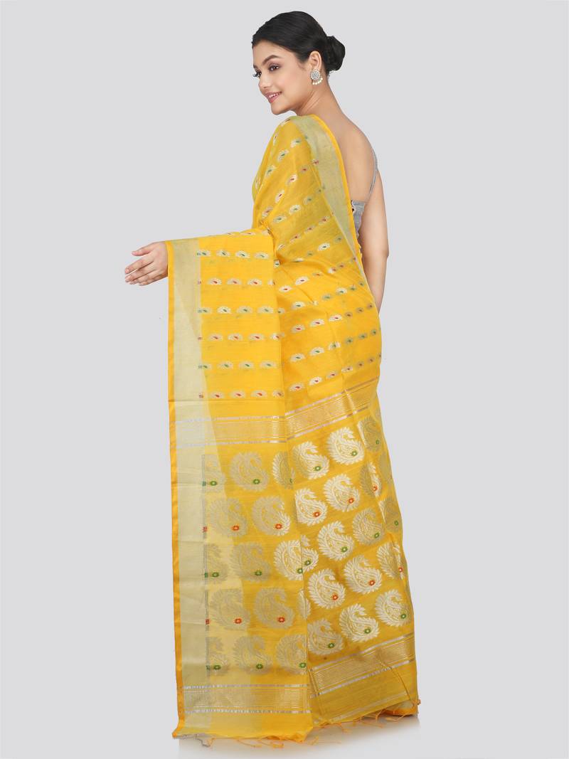 PinkLoom Women's  Yellow Hand_Woven Cotton-Silk-Sarees With Unstitched Blouse Piece