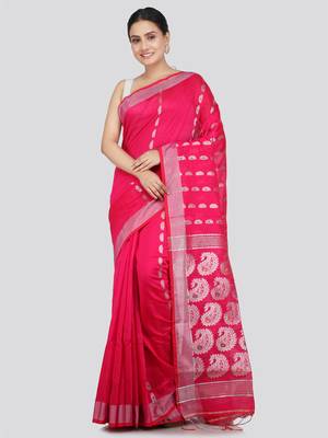 PinkLoom Women's  Pink Hand_Woven Cotton-Silk-Sarees With Unstitched Blouse Piece 1