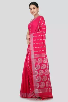 PinkLoom Women's  Pink Hand_Woven Cotton-Silk-Sarees With Unstitched Blouse Piece