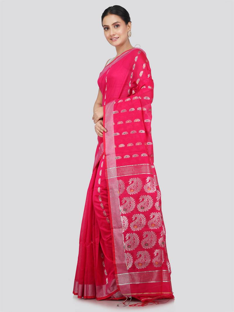 PinkLoom Women's  Pink Hand_Woven Cotton-Silk-Sarees With Unstitched Blouse Piece