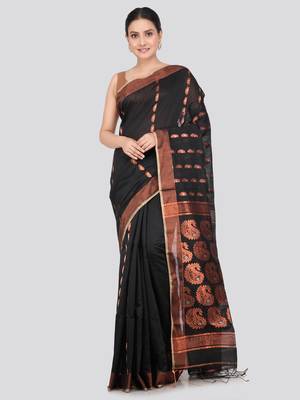PinkLoom Women's  Black Hand_Woven Cotton-Silk-Sarees With Unstitched Blouse Piece 1
