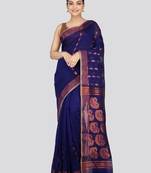 PinkLoom Women's  Blue Hand_Woven Cotton-Silk-Sarees With Unstitched Blouse Piece