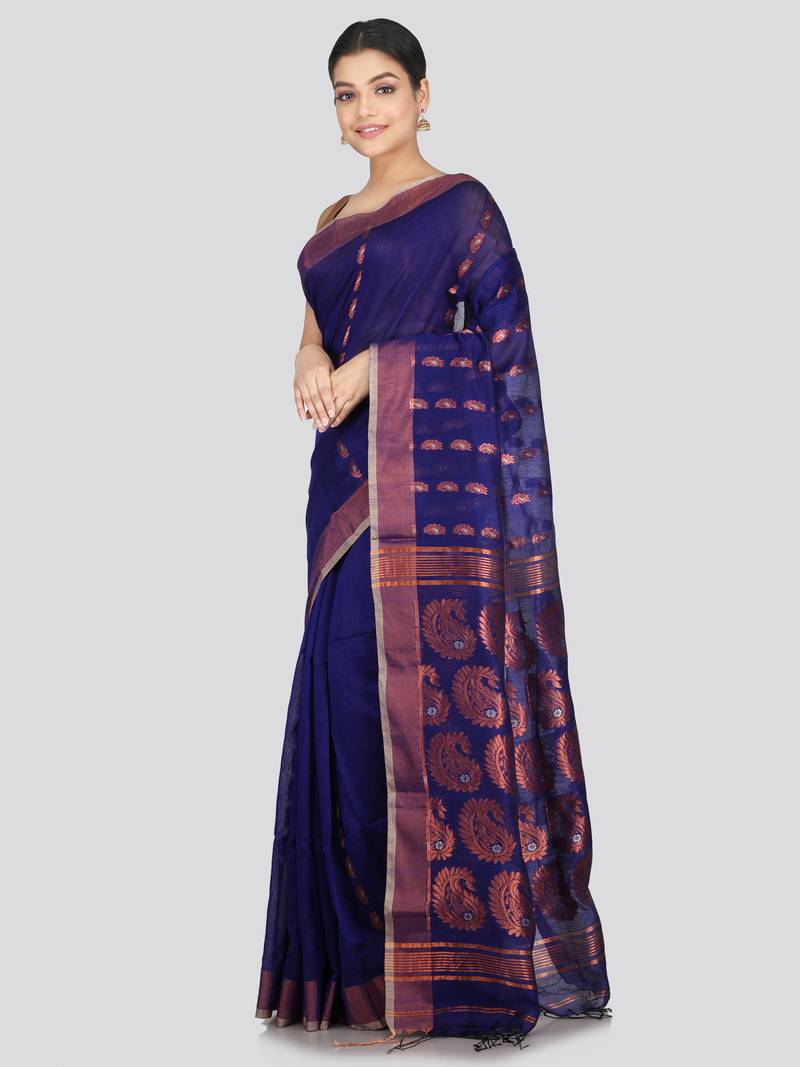 PinkLoom Women's  Blue Hand_Woven Cotton-Silk-Sarees With Unstitched Blouse Piece