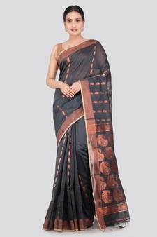 PinkLoom Women's  Black Hand_Woven Cotton-Silk-Sarees With Unstitched Blouse Piece