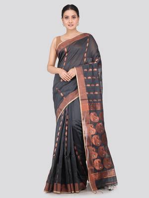 PinkLoom Women's  Black Hand_Woven Cotton-Silk-Sarees With Unstitched Blouse Piece 1