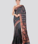 PinkLoom Women's  Black Hand_Woven Cotton-Silk-Sarees With Unstitched Blouse Piece