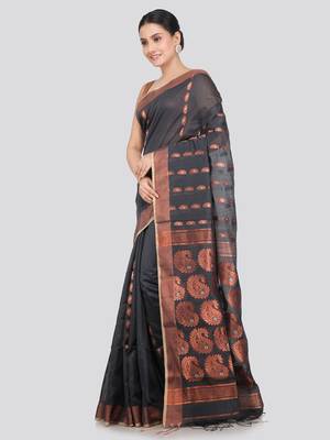 PinkLoom Women's  Black Hand_Woven Cotton-Silk-Sarees With Unstitched Blouse Piece 2