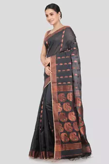 PinkLoom Women's  Black Hand_Woven Cotton-Silk-Sarees With Unstitched Blouse Piece