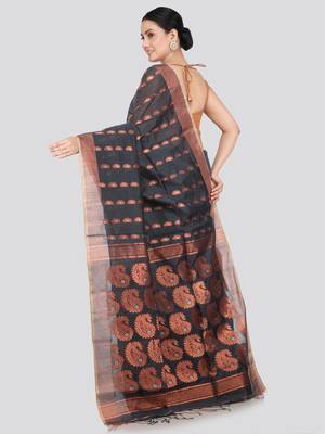 PinkLoom Women's  Black Hand_Woven Cotton-Silk-Sarees With Unstitched Blouse Piece 3