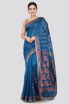 PinkLoom Women's  Blue Hand_Woven Cotton-Silk-Sarees With Unstitched Blouse Piece