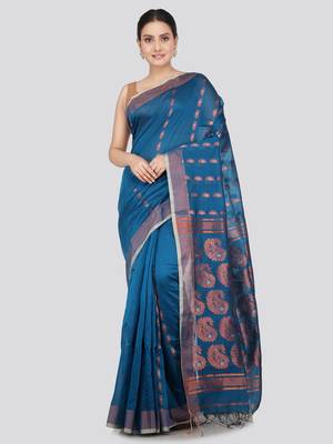 PinkLoom Women's  Blue Hand_Woven Cotton-Silk-Sarees With Unstitched Blouse Piece 1