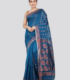 PinkLoom Women's  Blue Hand_Woven Cotton-Silk-Sarees With Unstitched Blouse Piece