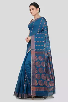 PinkLoom Women's  Blue Hand_Woven Cotton-Silk-Sarees With Unstitched Blouse Piece