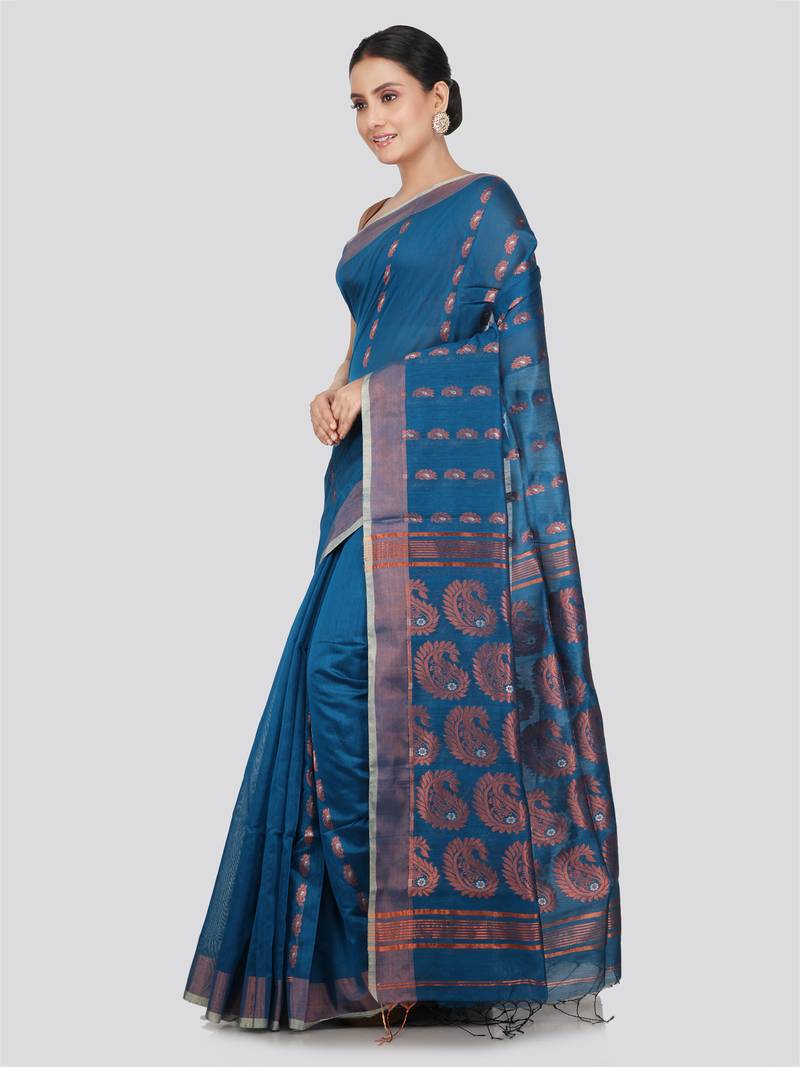 PinkLoom Women's  Blue Hand_Woven Cotton-Silk-Sarees With Unstitched Blouse Piece