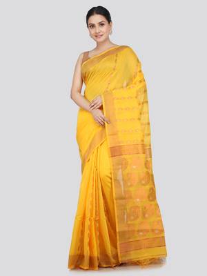 PinkLoom Women's  Yellow Hand_Woven Cotton-Silk-Sarees With Unstitched Blouse Piece 1