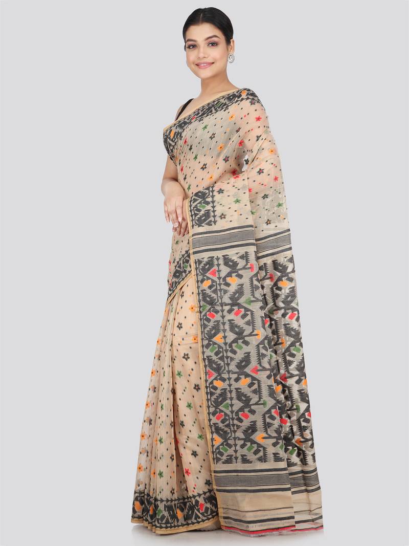 Pinkloom Women'S Beige Hand_Woven Soft Cotton Jamdani-Sarees Without Blouse Piece