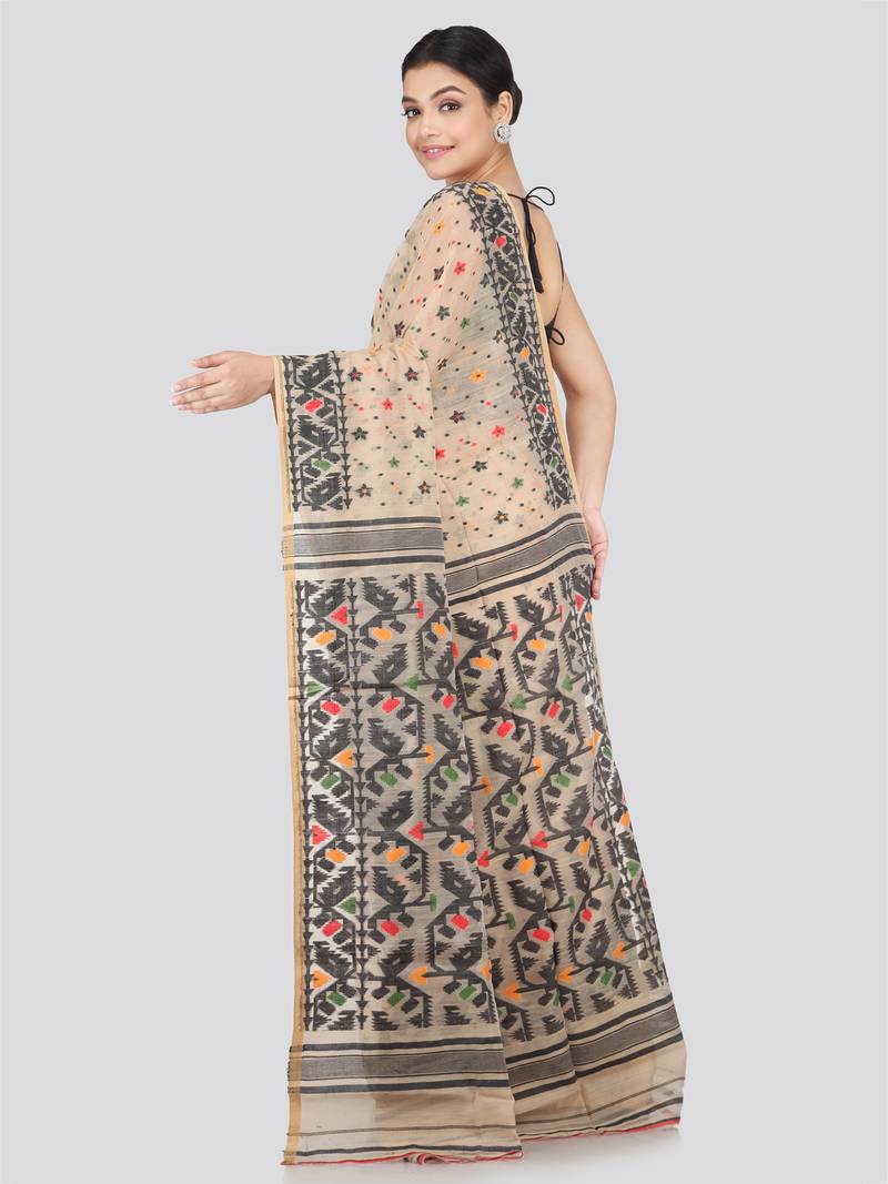 Pinkloom Women'S Beige Hand_Woven Soft Cotton Jamdani-Sarees Without Blouse Piece